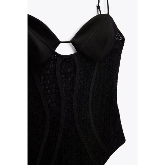 NWOT Zara black matching lace-like accented corsetry-inspired bodysuit, S - Picture 9 of 16